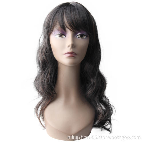 cheapest long black body wave premium synthetic hair wig with bangs